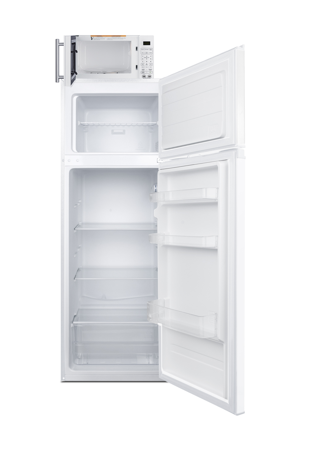 2-door mid-sized refrigerator-freezer and compact microwave in white with allocator and USB ports for 1-plug operation; ships in three boxes on one pallet